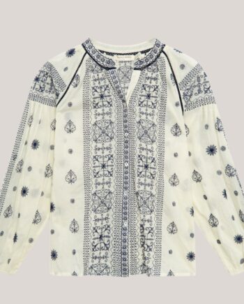 Elegant Hvid Bomuldsbluse med Blåt Print fra Masion Hotel