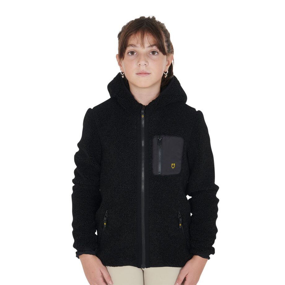 Sort Equestro Junior Teddy Fleece Jakke med Hætte - Komfort!